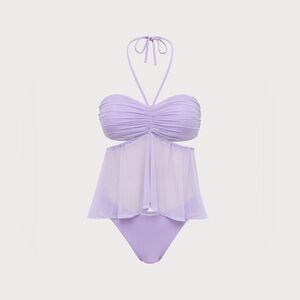 Lavender Halter Tankini Set with Mesh Overlay
